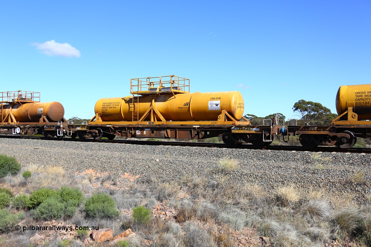 161111 2535
Binduli, Kalgoorlie Freighter train 5025, waggon AQHY 30020 with sulphuric acid tank CSA 0115, originally built by the WAGR Midland Workshops in 1964/66 as a WF type flat waggon, then in 1997, following several recodes and modifications, was one of seventy five waggons converted to the WQH type to carry CSA sulphuric acid tanks between Hampton/Kalgoorlie and Perth/Kwinana.
Keywords: AQHY-type;AQHY30020;WAGR-Midland-WS;WF-type;WFDY-type;WFDF-type;WQH-type;