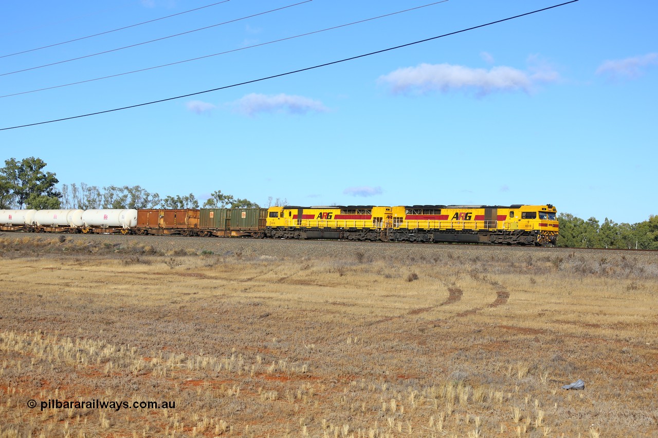 161111 2396
Kalgoorlie, Malcolm freighter train 5029 to service the Murrin Murrin nickel mine passes Twin Dams with a pair of Clyde Engineering EMD model GT64C Q class units Q 4019 serial 98-1472, the last of class and renumbered from Q 319 and Q 4018 serial 98-1471 also renumbered from Q 318.
Keywords: Q-class;Q4019;Clyde-Engineering-Forrestfield-WA;EMD;GT46C;98-1472;Q319;