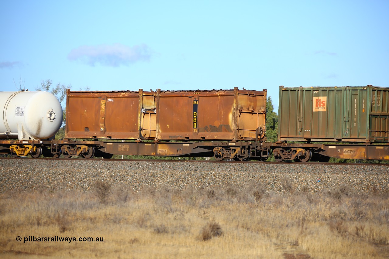 161111 2398
Kalgoorlie, Malcolm freighter train 5029, waggon AQNY 32199 one of sixty two waggons built by Goninan WA in 1998 as WQN type for Murrin Murrin container traffic with two original style Westrail sulphur containers S1?? 980 and S119A 945.
Keywords: AQNY-type;AQNY32199;Goninan-WA;WQN-type;