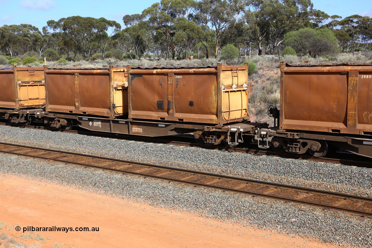 161112 2989
West Kalgoorlie, loaded Malcolm sulphur train 6029, AQNY type waggon AQNY 32211 one of sixty two waggons built by Goninan WA in 1998 as WQN type for Murrin Murrin container traffic with two original style sulphur containers S6E G853 and S152P G869 both with the siding tarpaulins.
Keywords: AQNY-type;AQNY32211;Goninan-WA;WQN-type;