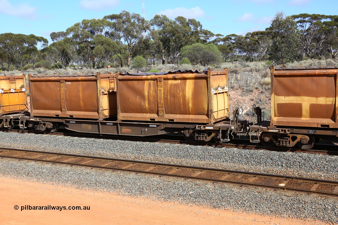 161112 2992
West Kalgoorlie, loaded Malcolm sulphur train 6029, AQNY type waggon AQNY 32165 one of sixty two waggons built by Goninan WA in 1998 as WQN type for Murrin Murrin container traffic with two original style sulphur containers S34K G852 and S94M G843 both with the siding tarpaulins.
Keywords: AQNY-type;AQNY32165;Goninan-WA;WQN-type;