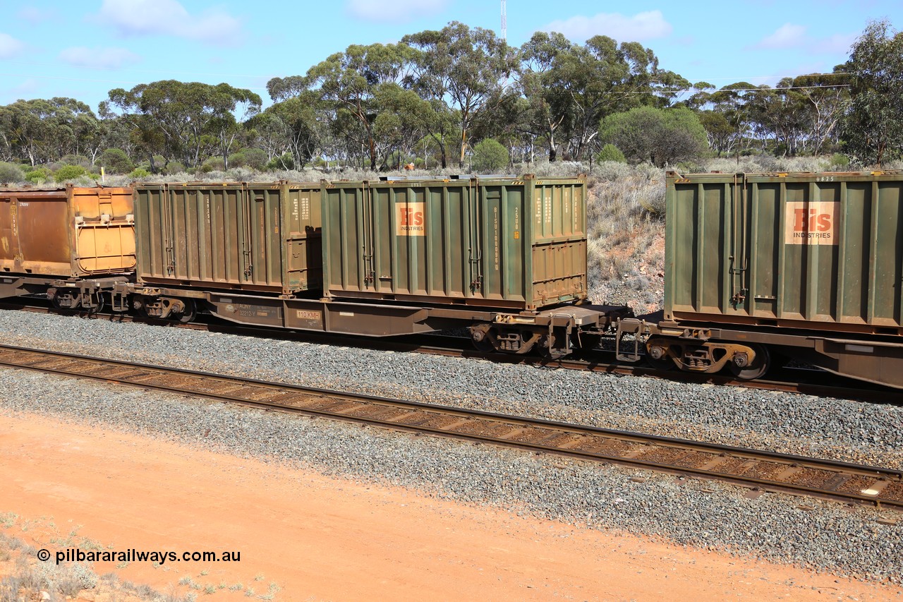 161112 2995
West Kalgoorlie, loaded Malcolm sulphur train 6029, AQNY type waggon AQNY 32212, final member of sixty two waggons built by Goninan WA in 1998 as WQN type for Murrin Murrin container traffic with a pair of Bis Industries hard-top type 25U0 containers BISU 100096 and un-decaled BISU 100019.
Keywords: AQNY-type;AQNY32212;Goninan-WA;WQN-type;