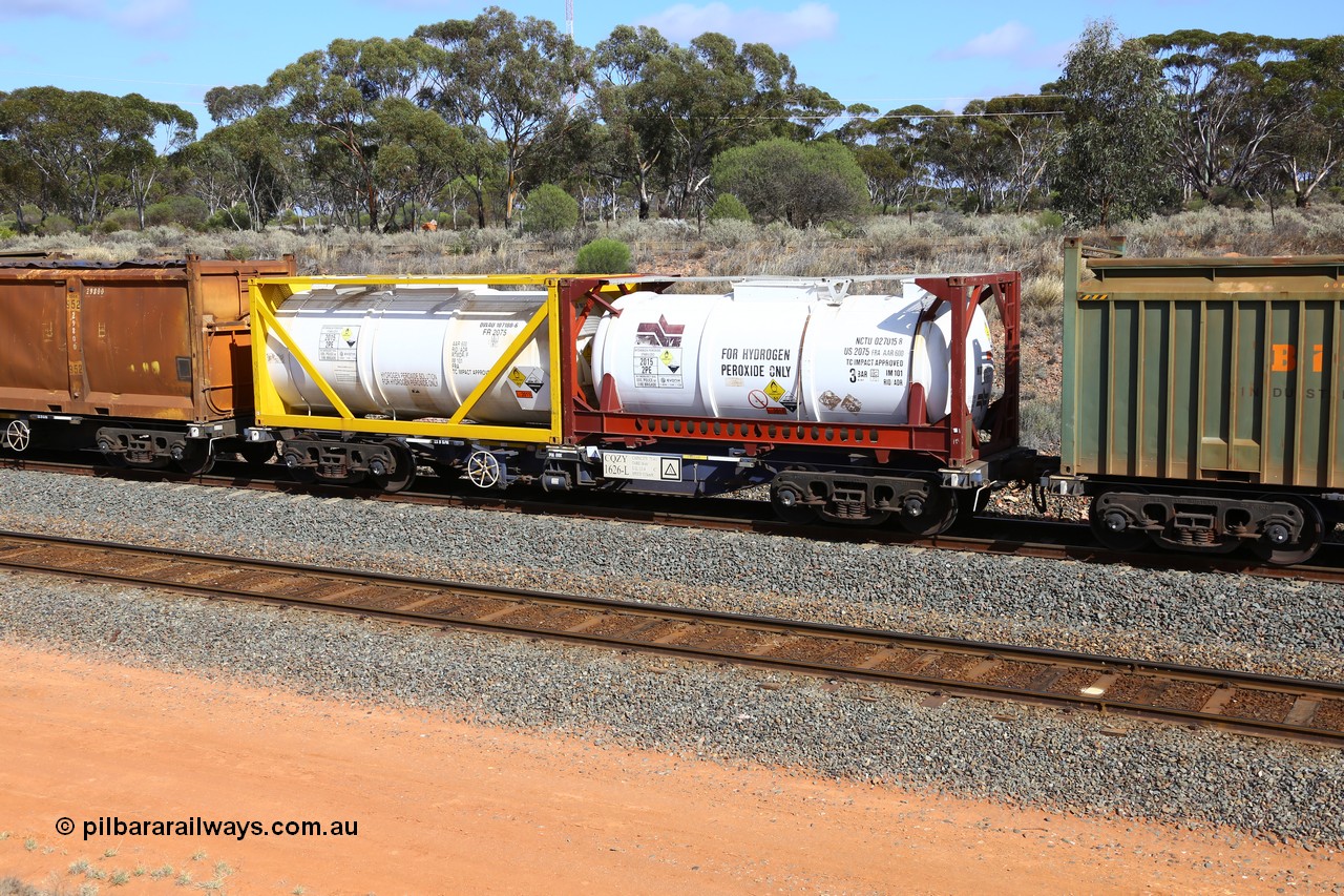 161112 3003
West Kalgoorlie, loaded Malcolm sulphur train 6029, CQZY type waggon CQZY 1626, built by CIMC at Dalian China for CFCLA and one of fifteen on lease to Aurizon with two Evonik TEU 2075 type tanktainers for hydrogen peroxide, NCTU 027015 and DWAU 107180.
Keywords: CQZY-type;CQZY1626;CIMC-Dalian-China;
