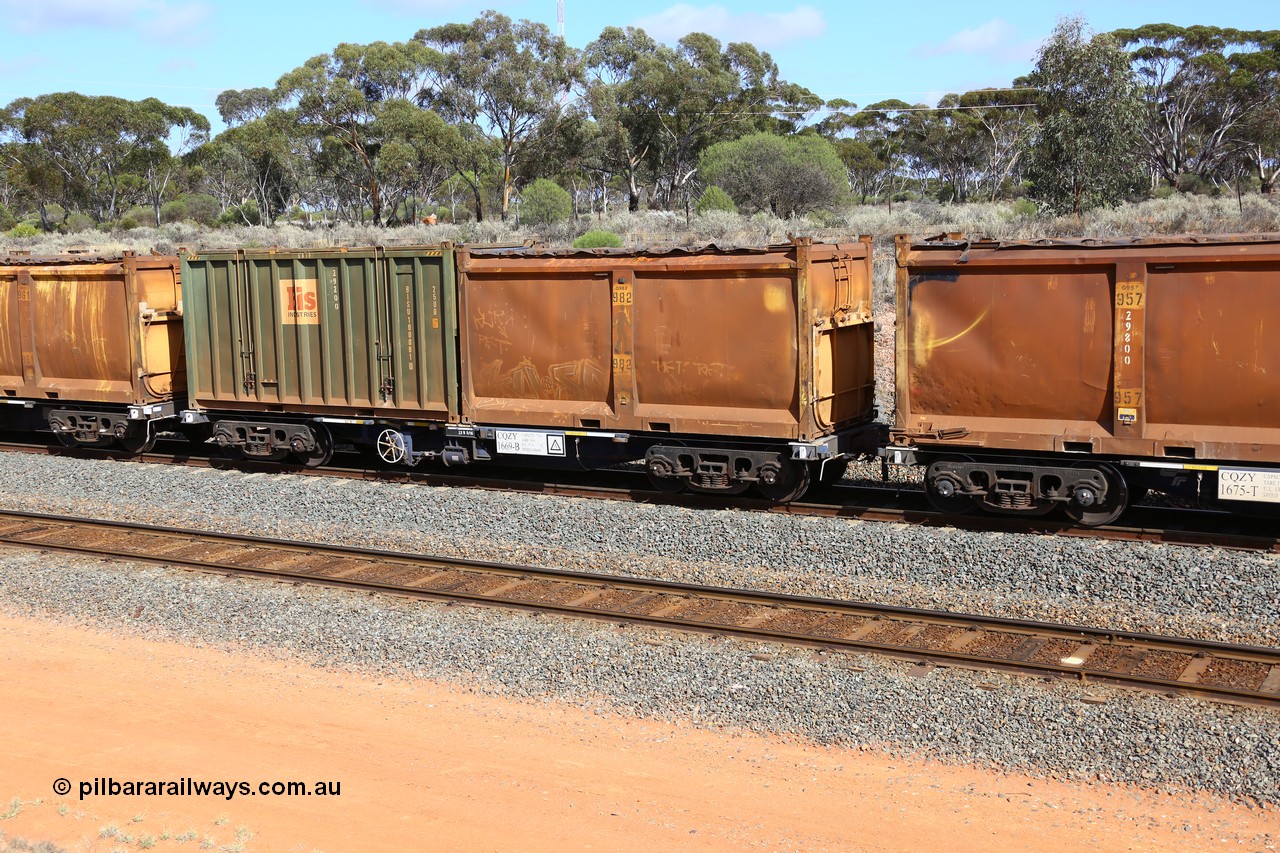 161112 3006
West Kalgoorlie, loaded Malcolm sulphur train 6029, CQZY type waggon CQZY 1669, built by CIMC at Dalian China for CFCLA and one of fifteen on lease to Aurizon with original style sulphur container with walking man logo and sliding tarpaulin S13N G982 and Bis Industries hard-top type 25U0 container BISU 100081.
Keywords: CQZY-type;CQZY1669;CIMC-Dalian-China;
