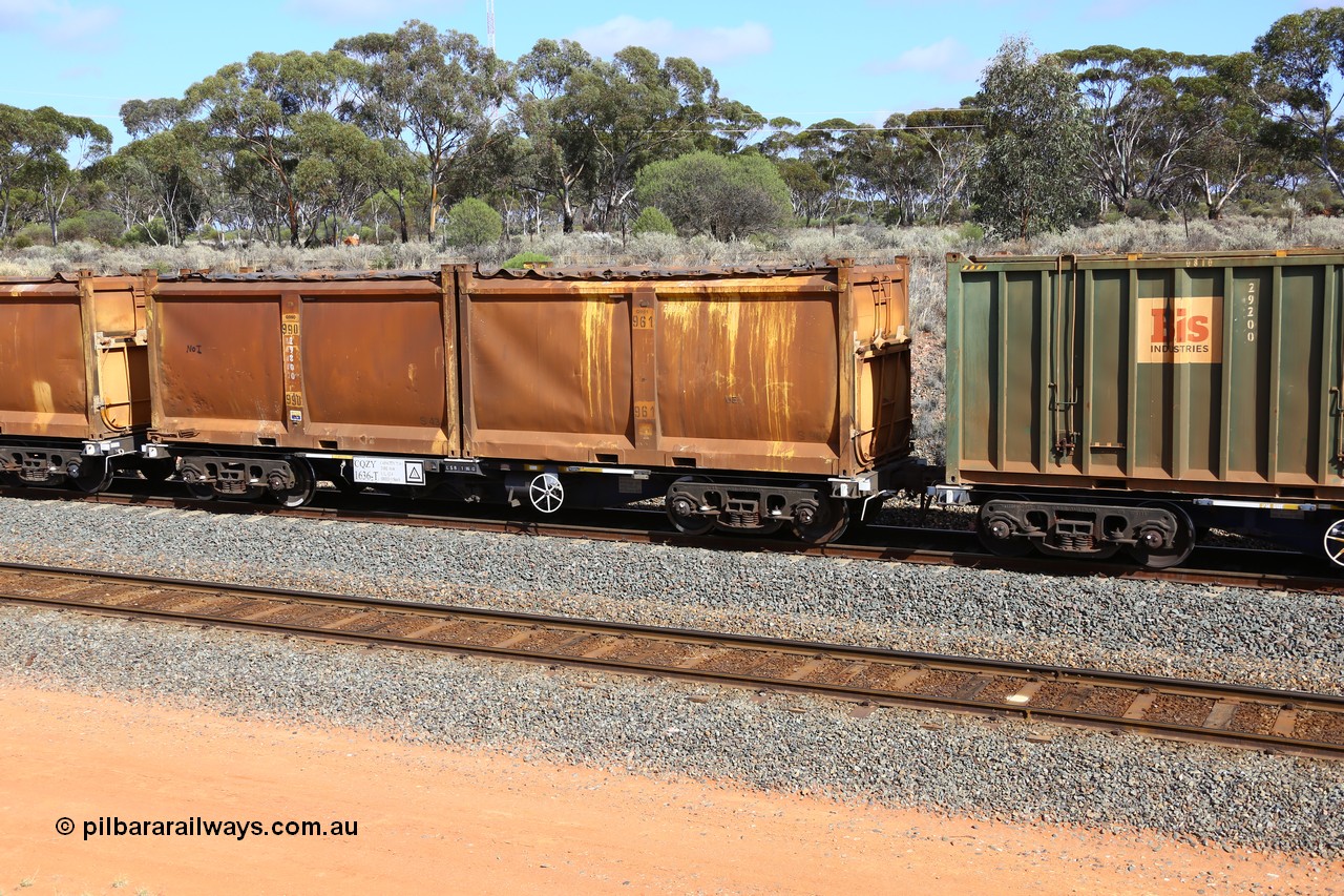 161112 3007
West Kalgoorlie, loaded Malcolm sulphur train 6029, CQZY type waggon CQZY 1636, built by CIMC at Dalian China for CFCLA and one of fifteen on lease to Aurizon with a pair of original style sulphur containers with sliding tarpaulins, S98C G961 and S43J G990.
Keywords: CQZY-type;CQZY1636;CIMC-Dalian-China;