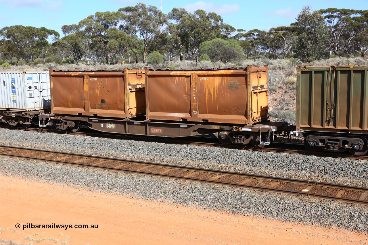 161112 3009
West Kalgoorlie, loaded Malcolm sulphur train 6029, AQNY type waggon AQNY 32174 one of sixty two waggons built by Goninan WA in 1998 as WQN type for Murrin Murrin container traffic with a pair of original style sulphur containers with sliding tarpaulins, S144C G919 and S17V G907.
Keywords: AQNY-type;AQNY32174;Goninan-WA;WQN-type;