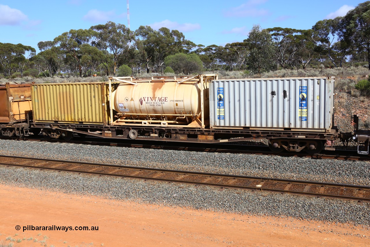 161112 3010
West Kalgoorlie, loaded Malcolm sulphur train 6029, AQWY type waggon AQWY 31002, one of eighteen WFA type container waggons built by Westrail Midland Workshops in 1981, recoded to WQCY in 1987, with two TEU 22G1 type containers RWLU 812401 and RSSU 153071 and a Jamieson built TEU tanktainer for Vintage Road Haulage with magnafloc, JTSU 012514.
Keywords: AQWY-type;AQWY31002;Westrail-Midland-WS;WFA-type;WQCY-type;AQCY-type;