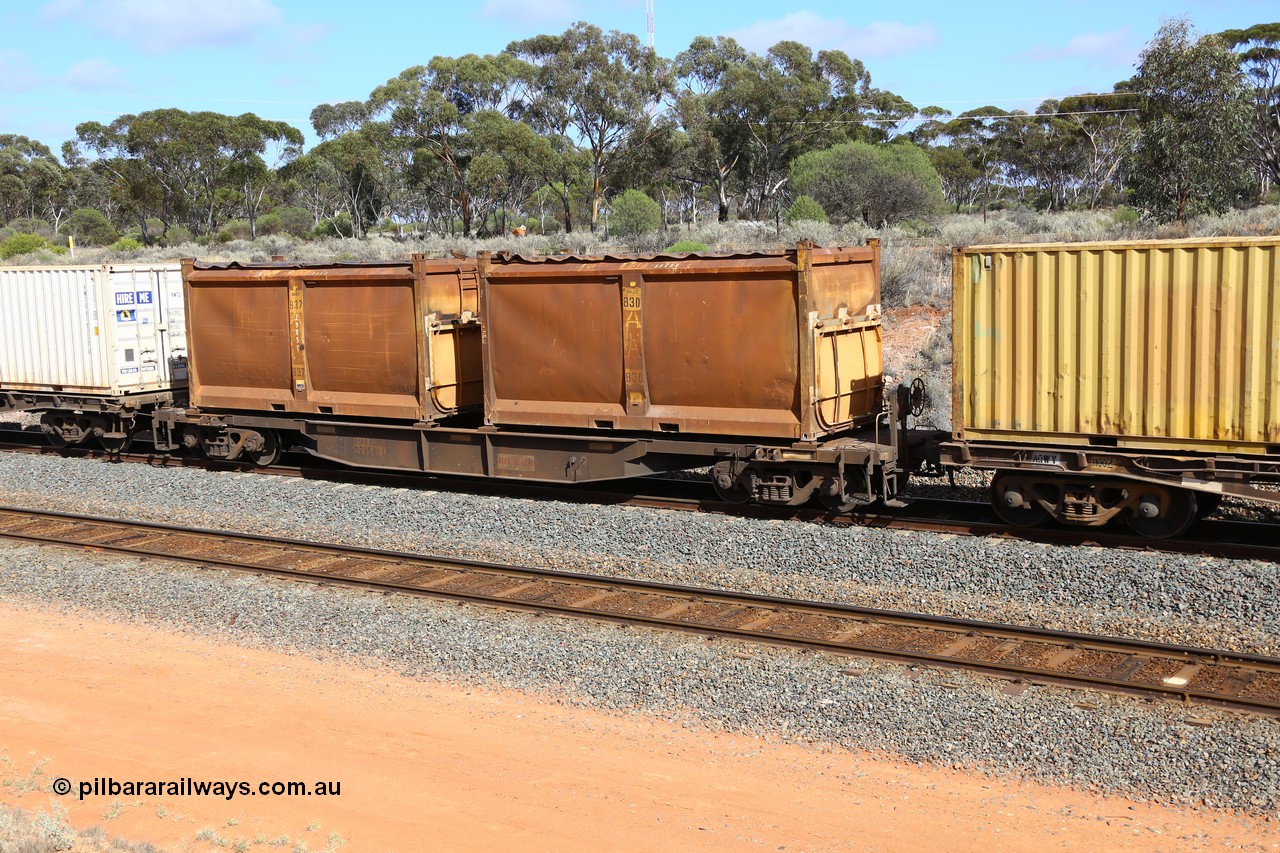161112 3011
West Kalgoorlie, loaded Malcolm sulphur train 6029, AQNY type waggon AQNY 32154 one of sixty two waggons built by Goninan WA in 1998 as WQN type for Murrin Murrin container traffic with a pair of original style sulphur containers with sliding tarpaulins, S38A G830 and S154K G937.
Keywords: AQNY-type;AQNY32154;Goninan-WA;WQN-type;