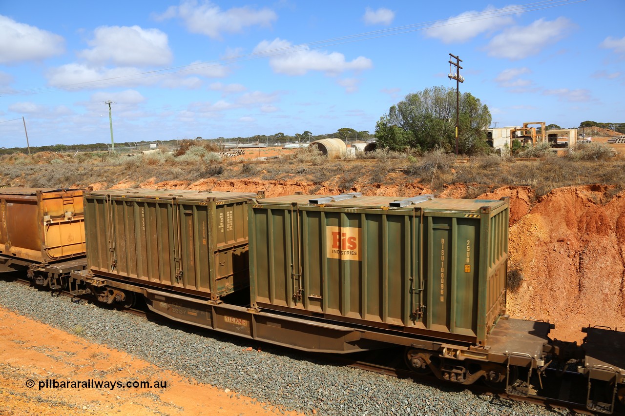 161112 3028
West Kalgoorlie, loaded Malcolm sulphur train 6029, AQNY type waggon AQNY 32212, final member of sixty two waggons built by Goninan WA in 1998 as WQN type for Murrin Murrin container traffic with a pair of Bis Industries hard-top type 25U0 containers BISU 100096 and un-decaled BISU 100019.
Keywords: AQNY-type;AQNY32212;Goninan-WA;WQN-type;