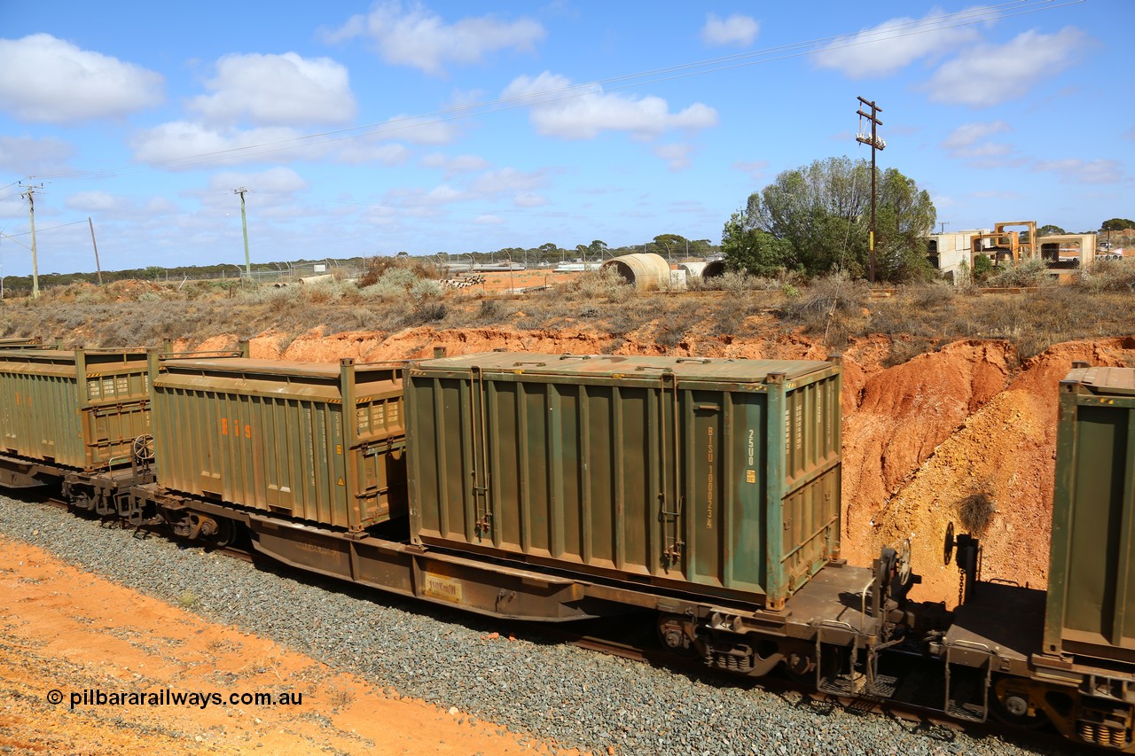 161112 3030
West Kalgoorlie, loaded Malcolm sulphur train 6029, AQNY type waggon AQNY 32192 one of sixty two waggons built by Goninan WA in 1998 as WQN type for Murrin Murrin container traffic with an un-decaled hard-top type 25U0 container BISU 100023 and Bis Industries roll-top type 55UA container SBIU 200616.
Keywords: AQNY-type;AQNY32192;Goninan-WA;WQN-type;