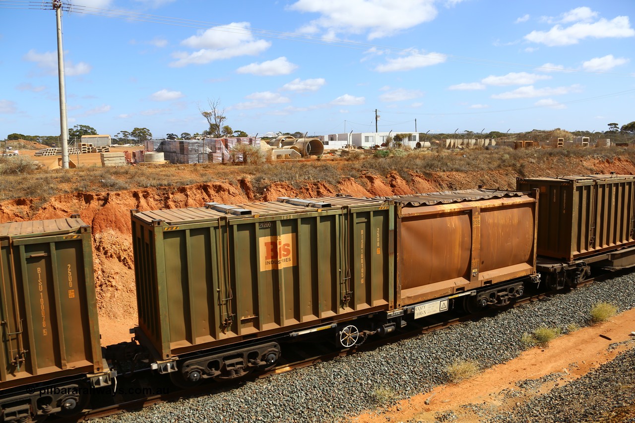 161112 3032
West Kalgoorlie, loaded Malcolm sulphur train 6029, CQZY type waggon CQZY 1690, built by CIMC at Dalian China for CFCLA and one of fifteen on lease to Aurizon with original style sulphur container S7N G836 with sliding tarpaulin and Bis Industries hard-top type 25U0 container BISU 100105.
Keywords: CQZY-type;CQZY1690;CIMC-Dalian-China;