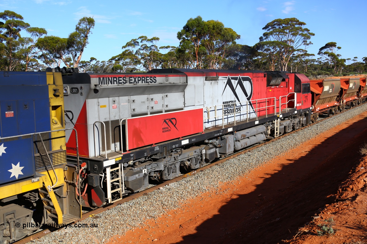 190109 1560
Binduli, Mineral Resources Ltd empty iron ore train 4030 with Mineral Resources MRL class loco MRL 001 'Minres Express' with serial R-0113-03/14-504 a UGL Rail Broadmeadow NSW built GE model C44ACi model locomotive, one of 6 built in 2014.
Keywords: MRL-class;MRL001;R-0113-03/14-504;UGL-Rail-Broadmeadow-NSW;GE;C44aci;