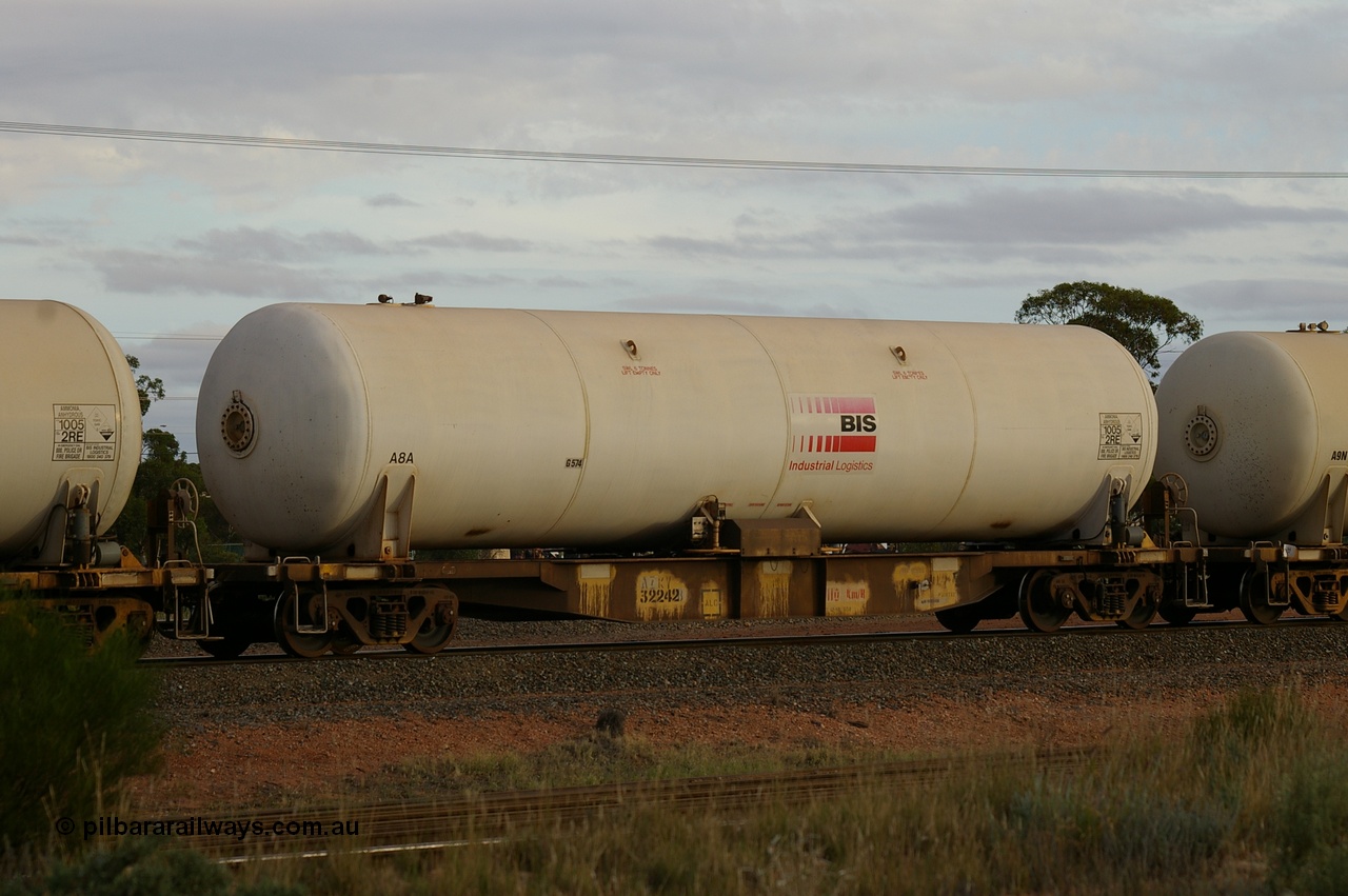 130429 IMG P12868
West Kalgoorlie, AZKY type anhydrous ammonia tank waggon AZKY 32242, final unit of twelve waggons built by Goninan WA in 1998 as type WQK for Murrin Murrin traffic, fitted with Bis Industries anhydrous ammonia tank A8A. Peter Donaghy image.
Keywords: Peter-D-Image;AZKY-type;AZKY32242;Goninan-WA;WQK-type;