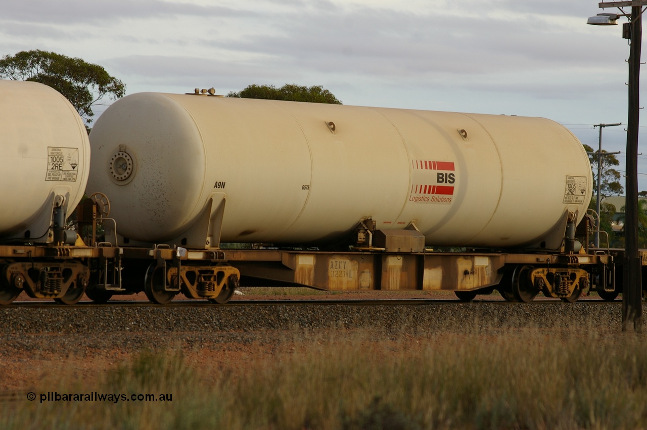 130429 IMG P12869
West Kalgoorlie, AZKY type anhydrous ammonia tank waggon AZKY 32234, one of twelve built by Goninan WA in 1998 as class WQK for Murrin Murrin traffic, fitted with Brambles anhydrous ammonia tank A9N. Peter Donaghy image.
Keywords: Peter-D-Image;AZKY-type;AZKY32234;Goninan-WA;WQK-type;