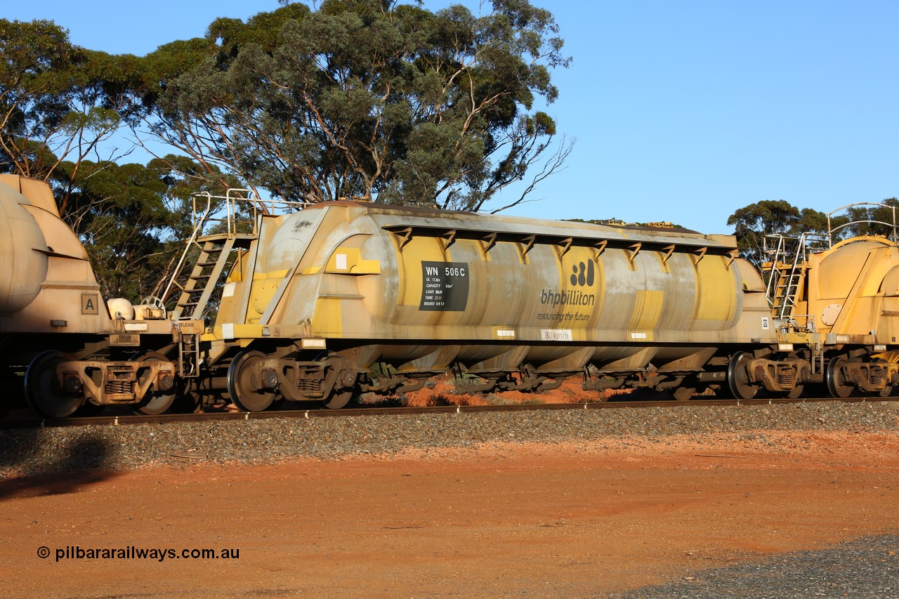 160523 3585
Binduli, nickel concentrate train 2438, WN type pneumatic discharge nickel concentrate waggon WN 506, one of thirty built by AE Goodwin NSW as WN type in 1970 for WMC.
Keywords: WN-type;WN506;AE-Goodwin;