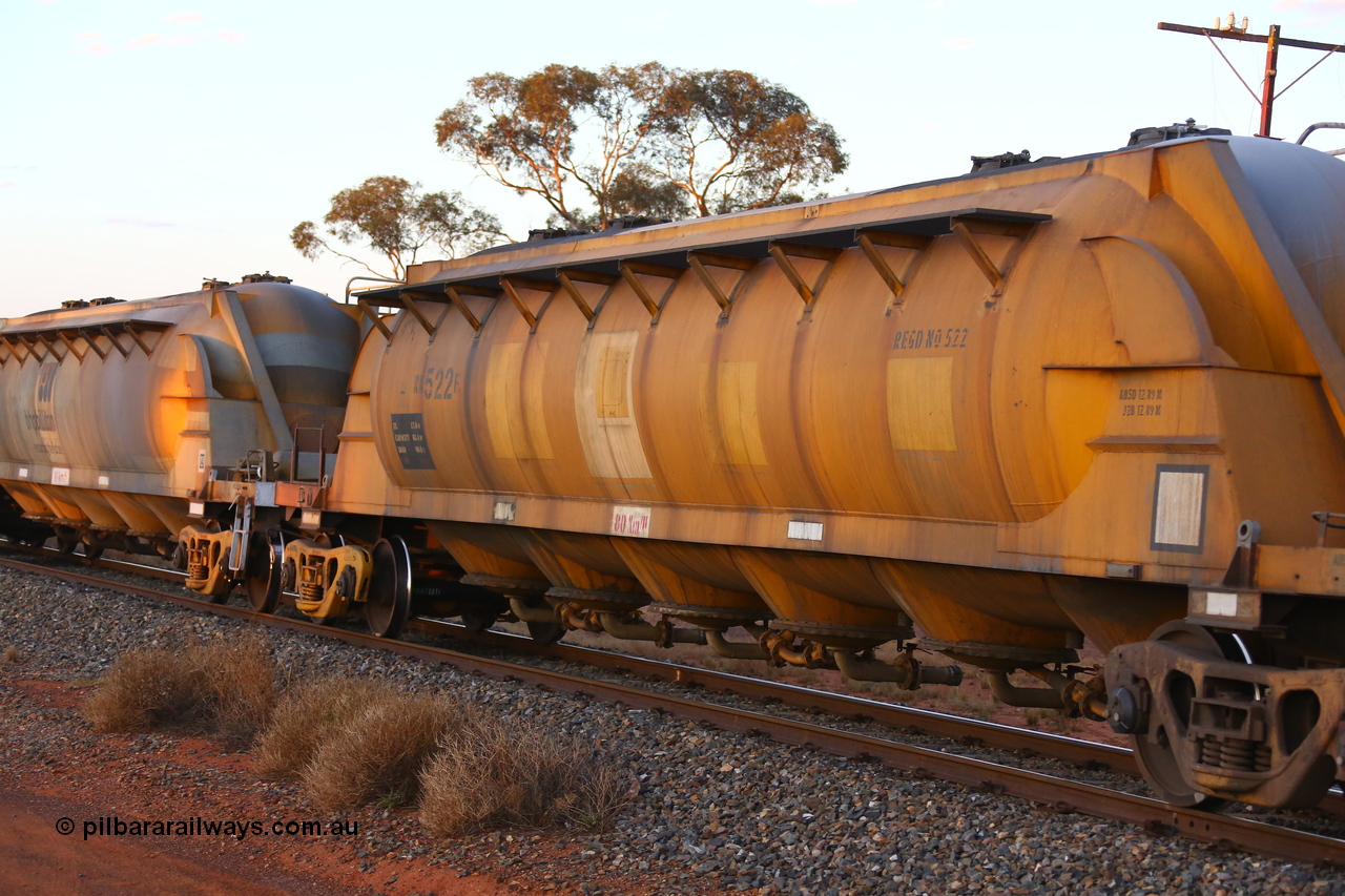 190107 0669
Kalgoorlie, WN 522, pneumatic discharge nickel concentrate waggon, one of thirty units built by AE Goodwin NSW as WN type in 1970 for WMC.
Keywords: WN-type;WN522;AE-Goodwin;