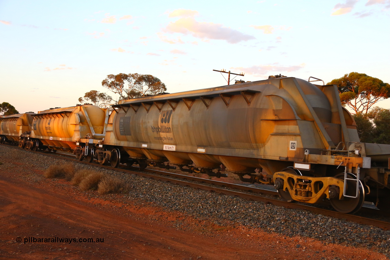 190107 0670
Kalgoorlie, WN 511, pneumatic discharge nickel concentrate waggon, one of thirty units built by AE Goodwin NSW as WN type in 1970 for WMC.
Keywords: WN-type;WN511;AE-Goodwin;