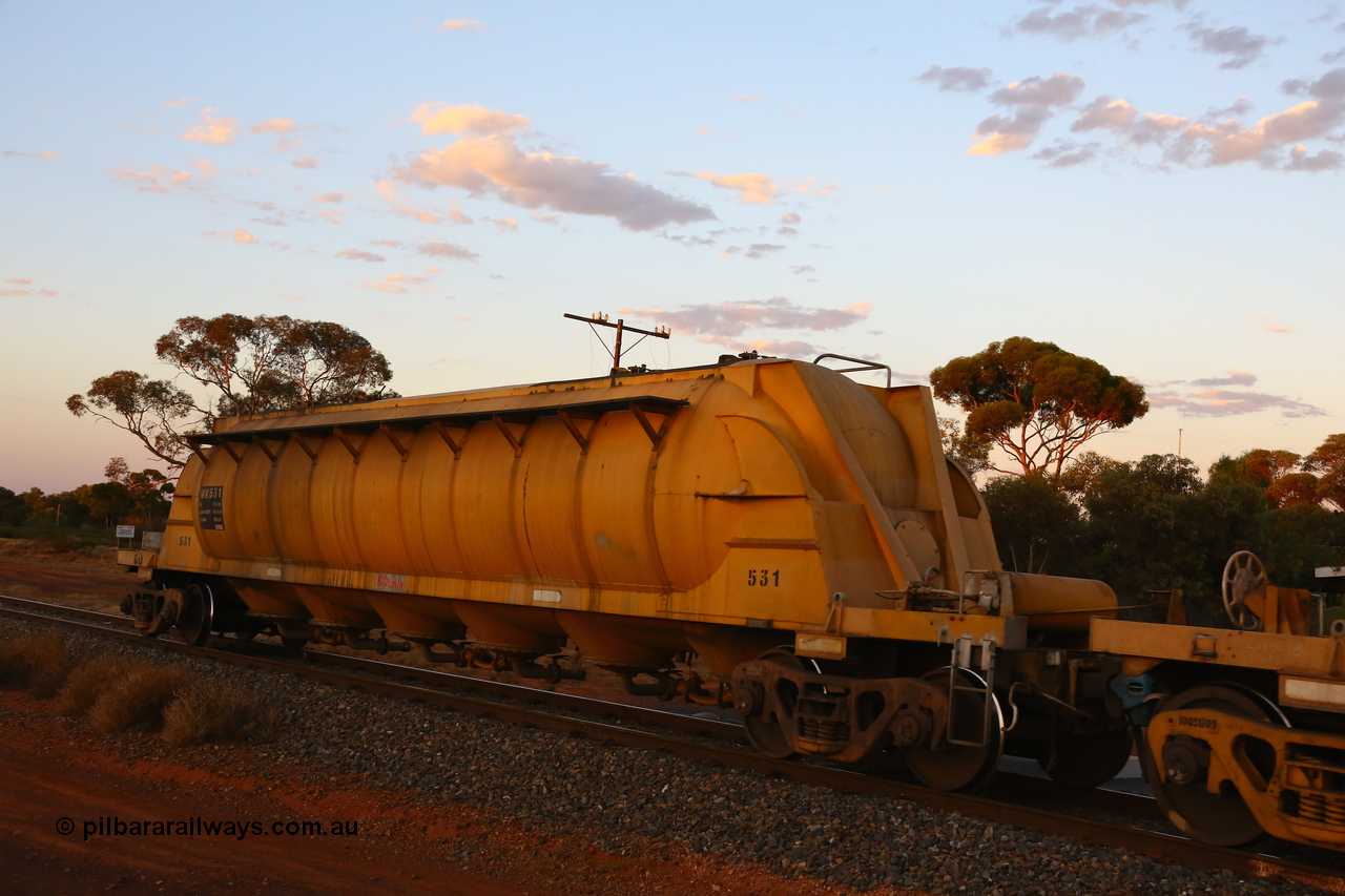190107 0687
Kalgoorlie, WN type pneumatic discharge nickel concentrate waggon WN 531, first of a further ten built by WAGR Midland Workshops as WN type in 1975 for WMC.
Keywords: WN-type;WN531;WAGR-Midland-WS;