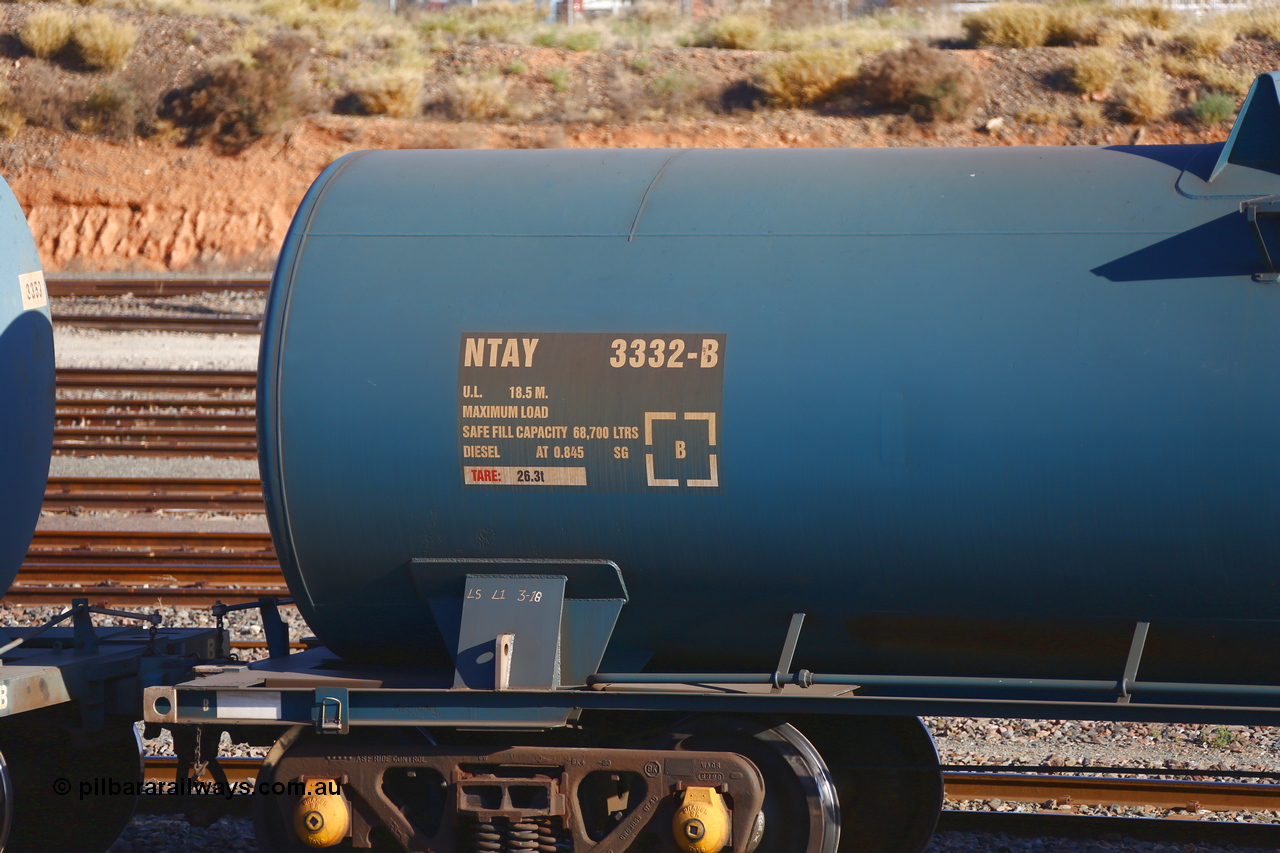190108 1277
West Kalgoorlie, NTAY type fuel tank waggon NTAY 3332 with 66,000 litre capacity for Caltex. Refurbished by Gemco WA in Feb 2015 from a Caltex NTAF type tank waggon NTAF 332 originally built by Tulloch Ltd NSW as a CAL type CAL 332. Shows B end.
Keywords: NTAY-type;NTAY3332;Tulloch-Ltd-NSW;CAL-type;CAL332;NTAF-type;