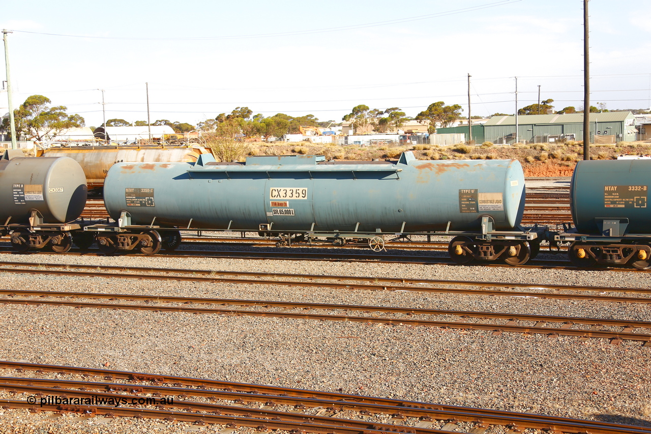 190108 1278
West Kalgoorlie, NTAY type fuel tank waggon NTAY 3359 with 65,000 litre capacity for Caltex. Refurbished by Gemco WA in Nov 2013 from a Caltex NTAF type tank waggon NTAF 359 originally built by Comeng NSW in 1975 as a CTX type CTX 359.
Keywords: NTAY-type;NTAY3359;Comeng-NSW;CTX-type;CTX359;NTAF-type;