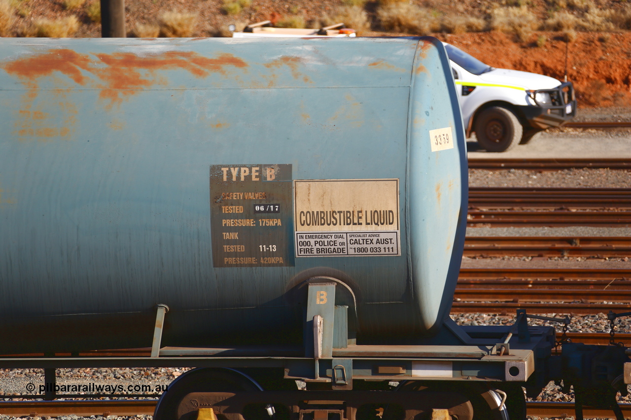 190108 1279
West Kalgoorlie, NTAY type fuel tank waggon NTAY 3359 with 65,000 litre capacity for Caltex. Refurbished by Gemco WA in Nov 2013 from a Caltex NTAF type tank waggon NTAF 359 originally built by Comeng NSW in 1975 as a CTX type CTX 359. Shows B end.
Keywords: NTAY-type;NTAY3359;Comeng-NSW;CTX-type;CTX359;NTAF-type;