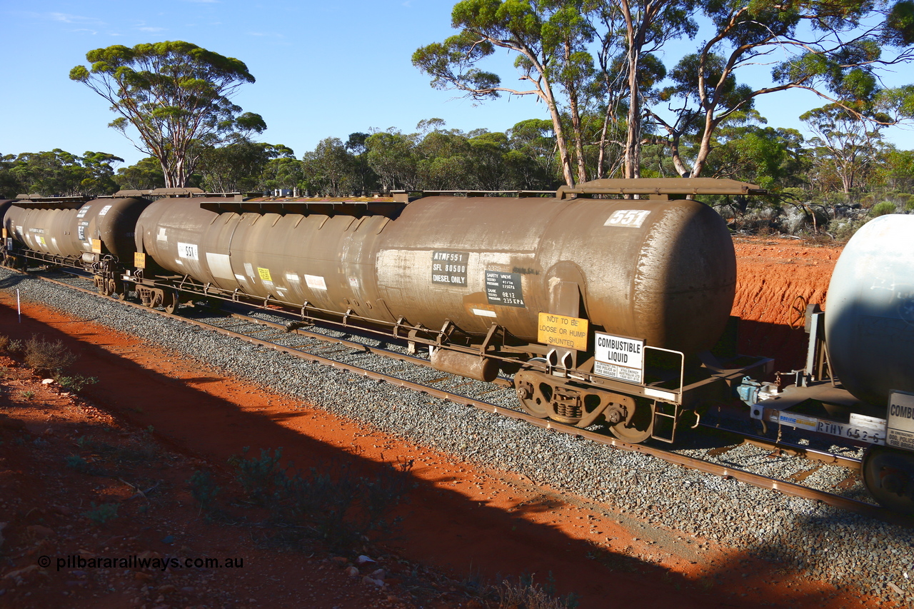 190109 1687
Binduli, empty fuel train 4445, ATMF 551 fuel tank waggon, one of three built by Tulloch Limited NSW as WJM type in 1971 with a capacity of 96.25 kL one compartment one dome, current capacity of 80500 litres. 551 and 552 for Shell and 553 for BP Oil. Fitted with type F InterLock coupler handbrake end and E type at the non-handbrake end, in Viva Energy ownership.
Keywords: ATMF-type;ATMF551;Tulloch-Ltd-NSW;WJM-type;