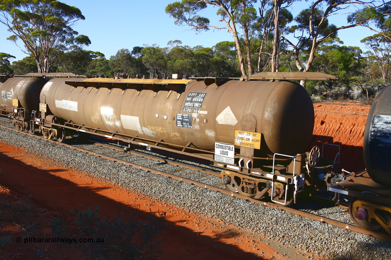 190109 1697
Binduli, empty fuel train 4445, APTF type fuel tanker ATPF 582, Shell Fleet No. 694, built by WAGR Midland Workshops in 1976 for Shell. Converted to narrow gauge 1986 and recoded JPC. Capacity now 80,500 litres. Under Viva Energy ownership.
Keywords: ATPF-type;ATPF582;WAGR-Midland-WS;WJP-type;JPC-type;