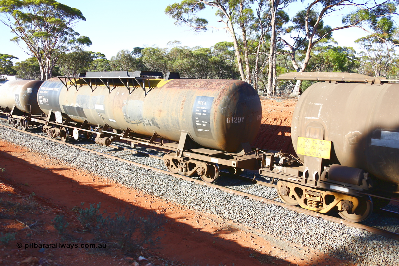 190109 1701
Binduli, empty fuel train 4445, NTAY type tank waggon NTAY 6129, built by Industrial Engineering Qld in 1976 as an SCA type SCA 280 for Shell. Recoded to NTAF 280, then 6129, capacity of 61,300 litres. Under Viva Energy ownership.
Keywords: NTAY-type;NTAY6129;Indeng-Qld;SCA-type;SCA280;NTAF-type;