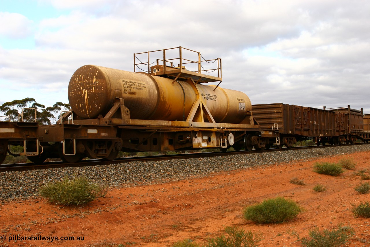 060527 4094
Scotia, AQHY 30054 with sulphuric acid tank CSA 0020, originally built by the WAGR Midland Workshops in 1964/66 as a WF type flat waggon, then in 1997, following several recodes and modifications, was one of seventy five waggons converted to the WQH type to carry CSA sulphuric acid tanks between Hampton/Kalgoorlie and Perth/Kwinana.
Keywords: AQHY-type;AQHY30054;WAGR-Midland-WS;WF-type;WFM-type;WFDY-type;WFDF-type;RFDF-type;WQH-type;