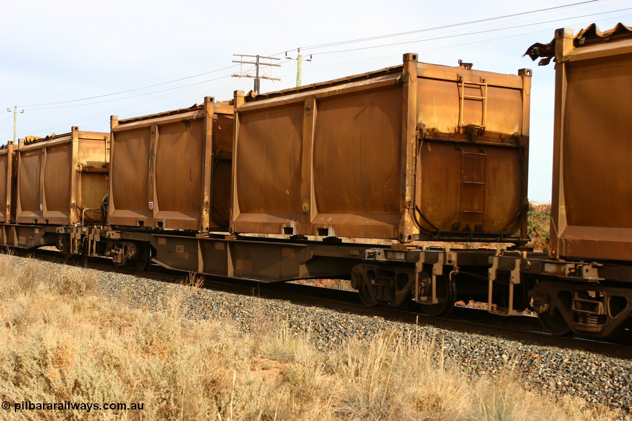 060531 4986
West Kalgoorlie, AQNY 32176 one of sixty two waggons built by Goninan WA in 1998 as WQN class for Murrin Murrin container traffic, with sulphur skips S43 and S103 with original door and sliding tarpaulins.
Keywords: AQNY-type;AQNY32176;Goninan-WA;WQN-type;