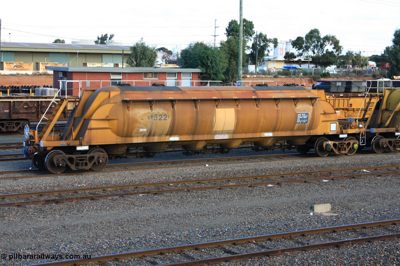 100601 8430
West Kalgoorlie, WN 522, pneumatic discharge nickel concentrate waggon, one of thirty built by AE Goodwin NSW as WN type in 1970 for WMC.
Keywords: WN-type;WN522;AE-Goodwin;