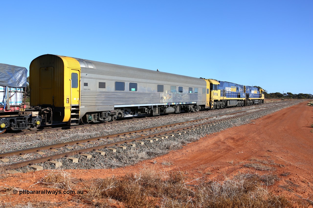 160522 2087
Parkeston, 6MP4 intermodal train, crew accommodation coach RZAY 283, built by Comeng NSW in 1972 as type ARJ, stainless steel, air conditioned, first class roomette sleeping coach, converted by AN Rail Port Augusta Workshops in 1997 to RZAY.
Keywords: RZAY-type;RZAY283;Comeng-NSW;ARJ-type;