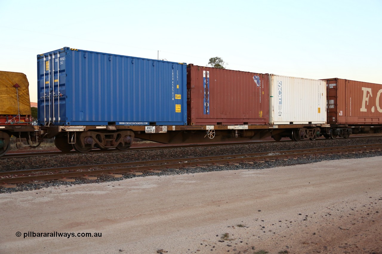 160523 2718
Parkeston, intermodal train 1PM5, RQBY 15032 container waggon, one of seventy that Comeng NSW built as OCY type container flat waggon in 1974-75, recoded to NQOY, then NQSY and NQBY loaded here with C Box 20' box CBXU 458562, a Cronos 20' bulker BSPD 0842692 and a SCF 20' box SCFU 006284.
Keywords: RQBY-type;RQBY15032;Comeng-NSW;OCY-type;NQOY-type;NQBY-type;