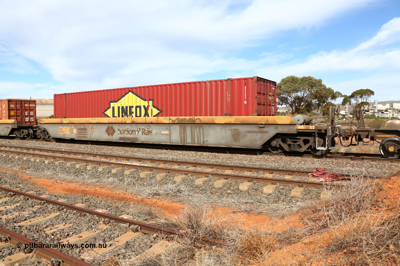 160523 2961
Parkeston, 7SP3 intermodal train, RQZY 7053 platform 5 of five unit bar coupled well container waggon set built in a batch of thirty two by Goninan NSW in 1995/96, loaded with Linfox 48' container DRC 895.
Keywords: RQZY-type;RQZY7053;Goninan-NSW;