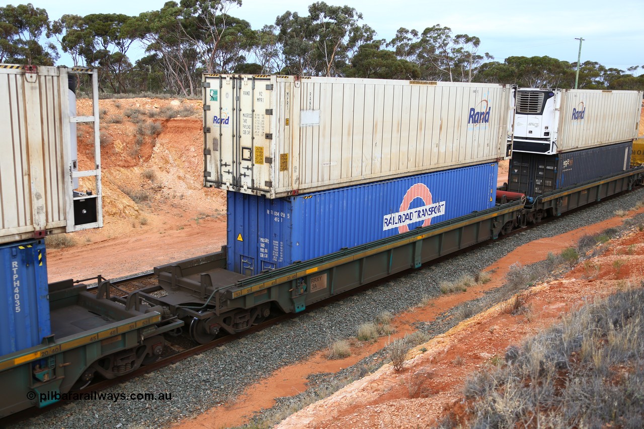 160524 3749
West Kalgoorlie, 2PM6 intermodal train, RRXY 3 platform 4 of 5-pack well waggon set, one of eleven built by Bradken Qld in 2002 for Toll from a Williams-Worley design with a 46' RAND Refrigerated Logistics reefer RAND 92 on top of a Railroad Transport 40' box RRTU 004058.
Keywords: RRXY-type;RRXY3;Williams-Worley;Bradken-Rail-Qld;