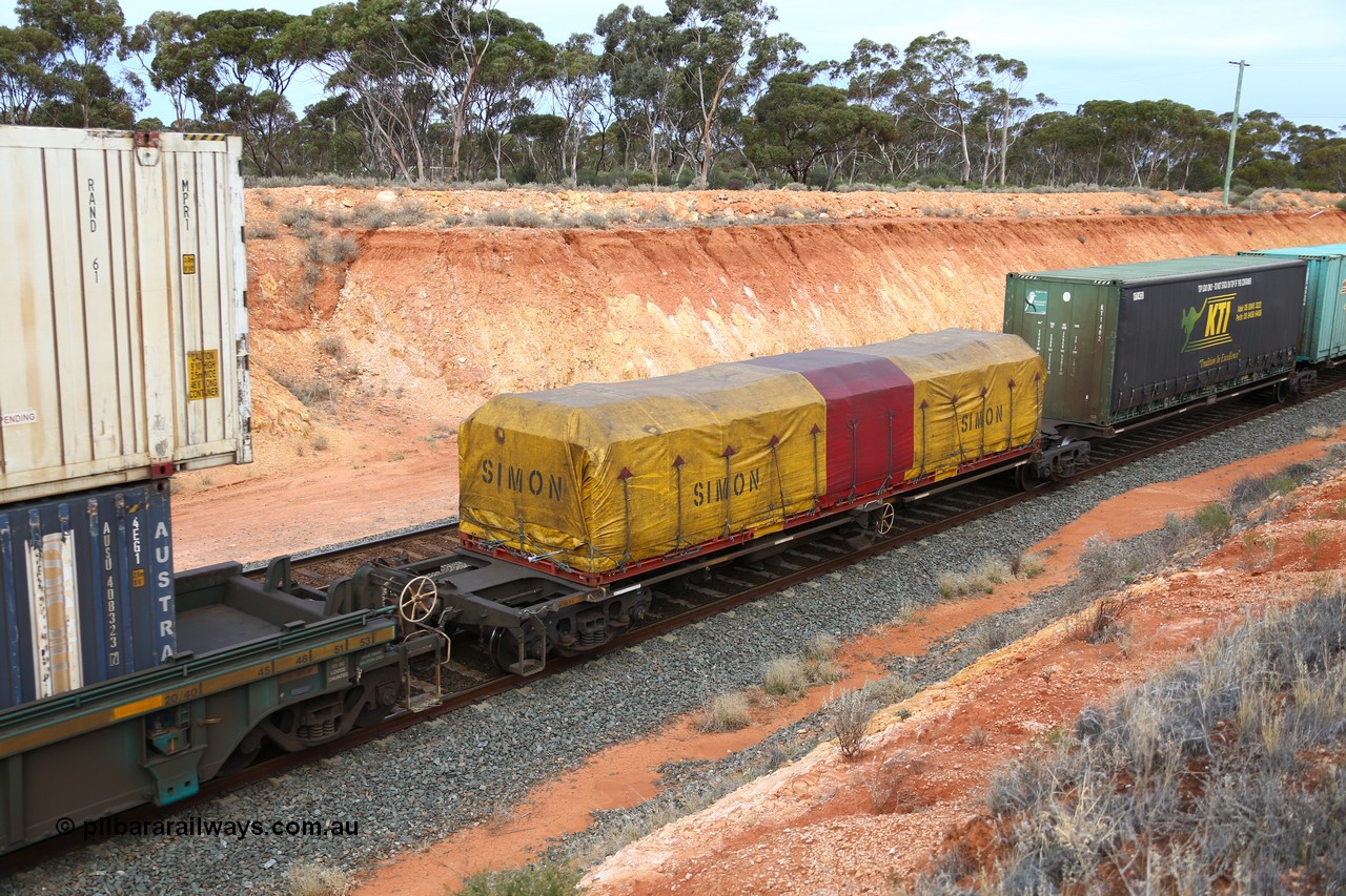 160524 3751
West Kalgoorlie, 2PM6 intermodal train, RRQY 8313 platform 5 of 5-pack articulated skel waggon, one of forty one sets built by Qiqihar Rollingstock Works China in 2006 loaded with a Simon tarped FD 40' flatrack.
Keywords: RRQY-type;RRQY8313;Qiqihar-Rollingstock-Works-China;