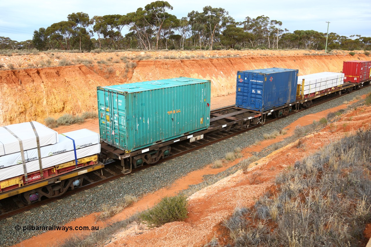 160524 3806
West Kalgoorlie, 2PM6 intermodal train, NQKY 34606, originally built by EPT NSW as a CDY type open waggon as part of a batch of two hundred waggons in 1975-76. Recoded to NOCY ~1980 and converted to NQKY container flat in 1997. Loaded with two 20' containers, Toll 2EG9 type NB 29037 and Railroad Transport RWTU 9510417.
Keywords: NQKY-type;NQKY34606;EPT-NSW;CDY-type;NOCY-type;