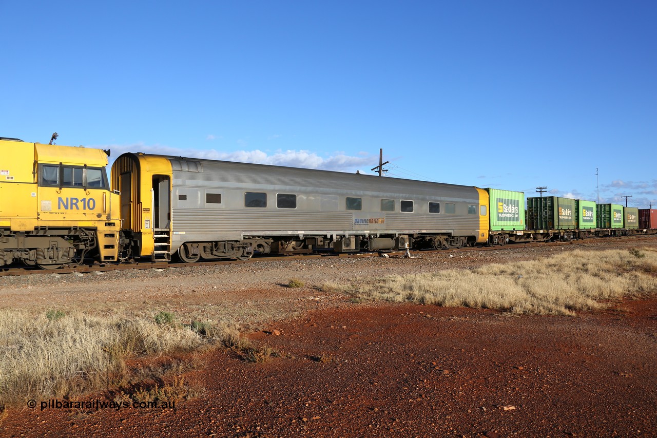 160528 8315
Parkeston, priority service 6PS7, crew accommodation coach RZAY 944, built by Comeng NSW in 1969 as ARJ 244, a stainless steel air conditioned roomette sleeping car, renumbered in 1974 to 944, rebuilt by AN Rail Port Augusta Workshops to RZAY in 1997.
Keywords: RZAY-type;RZAY944;Comeng-NSW;ARJ-type;ARJ244;