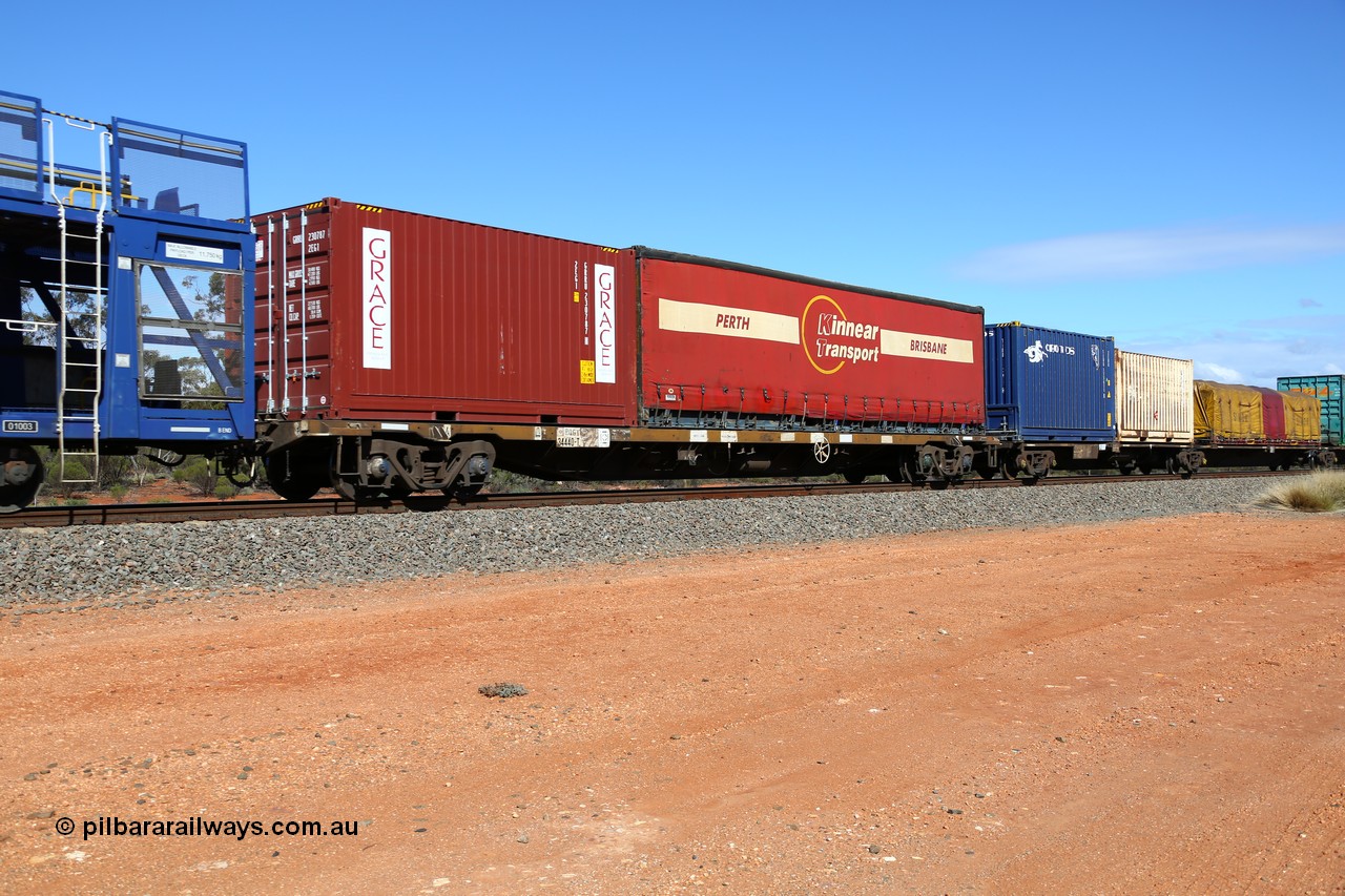 160528 8391
Binduli, intermodal train 6PM6, RQGY 34440 container waggon, built by Tulloch Ltd NSW as type OCY in 1974/75, with Grace 20' box GRRU 230787 and Kinnear Transport 40' curtainsider.
Keywords: RQGY-type;RQGY34440;Tulloch-Ltd-NSW;OCY-type;NQOY-type;