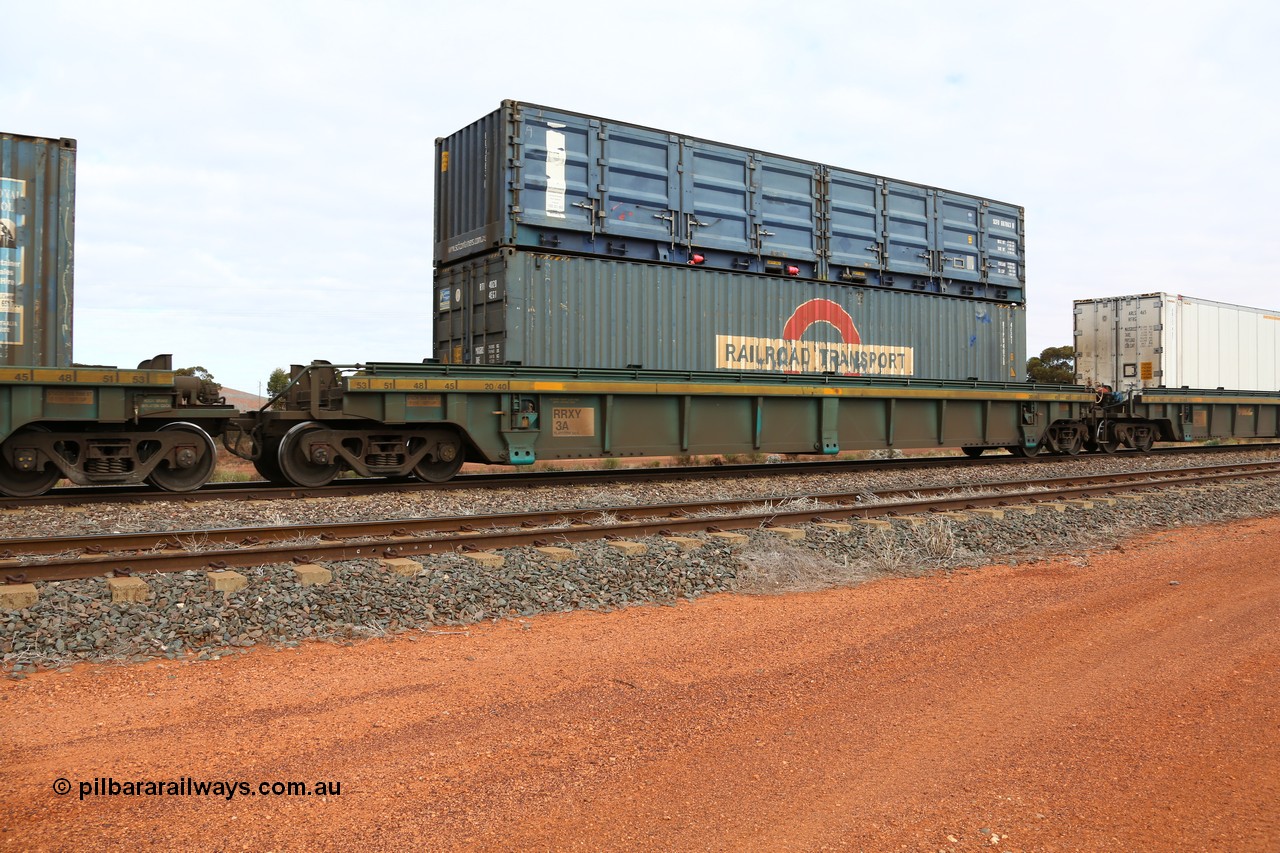 160529 8831
Parkeston, 6MP4 intermodal train, RRXY 3 platform 4 of 5-pack well waggon set, one of eleven built by Bradken Qld in 2002 for Toll from a Williams-Worley design with a 40' Railroad Transport box RTPU 4028 in the well and 40' SCF half height side door SCFU 607063 on top.
Keywords: RRXY-type;RRXY3;Williams-Worley;Bradken-Rail-Qld;