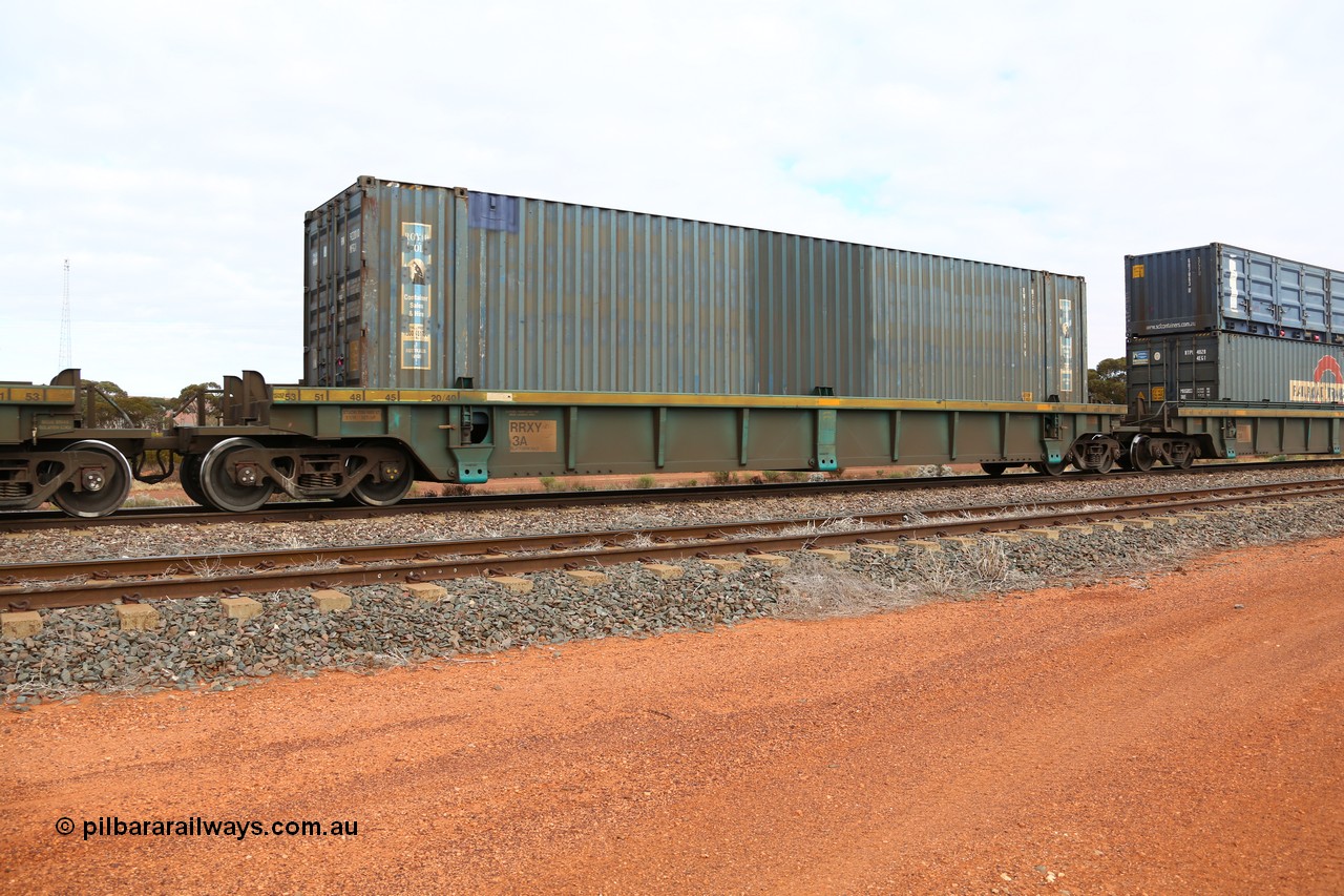 160529 8832
Parkeston, 6MP4 intermodal train, RRXY 3 platform 3 of 5-pack well waggon set, one of eleven built by Bradken Qld in 2002 for Toll from a Williams-Worley design with a 48' Royal Wolf box RWTU 922010.
Keywords: RRXY-type;RRXY3;Williams-Worley;Bradken-Rail-Qld;