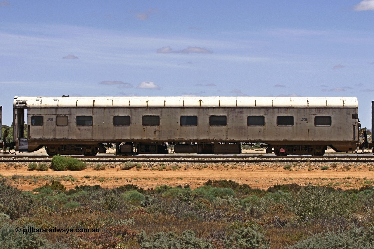051103 6725
Spencer Junction yard, ECA 162 built by Comeng NSW in 1964 for Commonwealth Railways as a BRE type second class, air conditioned, twin berth staggered corridor steel sleeping car BRE 162. Converted to ECA type crew car in 1991. Seen here under GWA ownership on loan to Pacific National and in use on East-West freighters. Finally it was scrapped at Dry Creek in December 2014.
Keywords: ECA-type;ECA162;Comeng-NSW;BRE-type;BRE162;