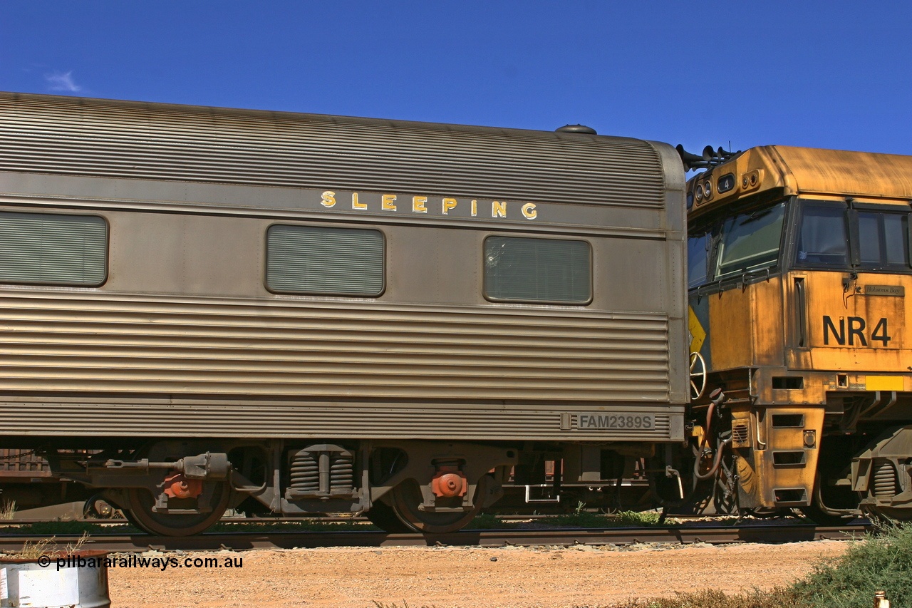 060107 1783
Spencer Junction yard, Pacific National FAM type crew accommodation coach FAM 2389 on train 6MP4, built for the NSWGR by Comeng NSW in 1976 as part of a batch of ten FAM type twinette sleeper cars, FAM 2389 was also the Lithgow breakdown train accommodation car for a time, converted to a crew car by Bluebird Rail at Islington in September 2005.
Keywords: FAM-type;FAM2389;Comeng-NSW;