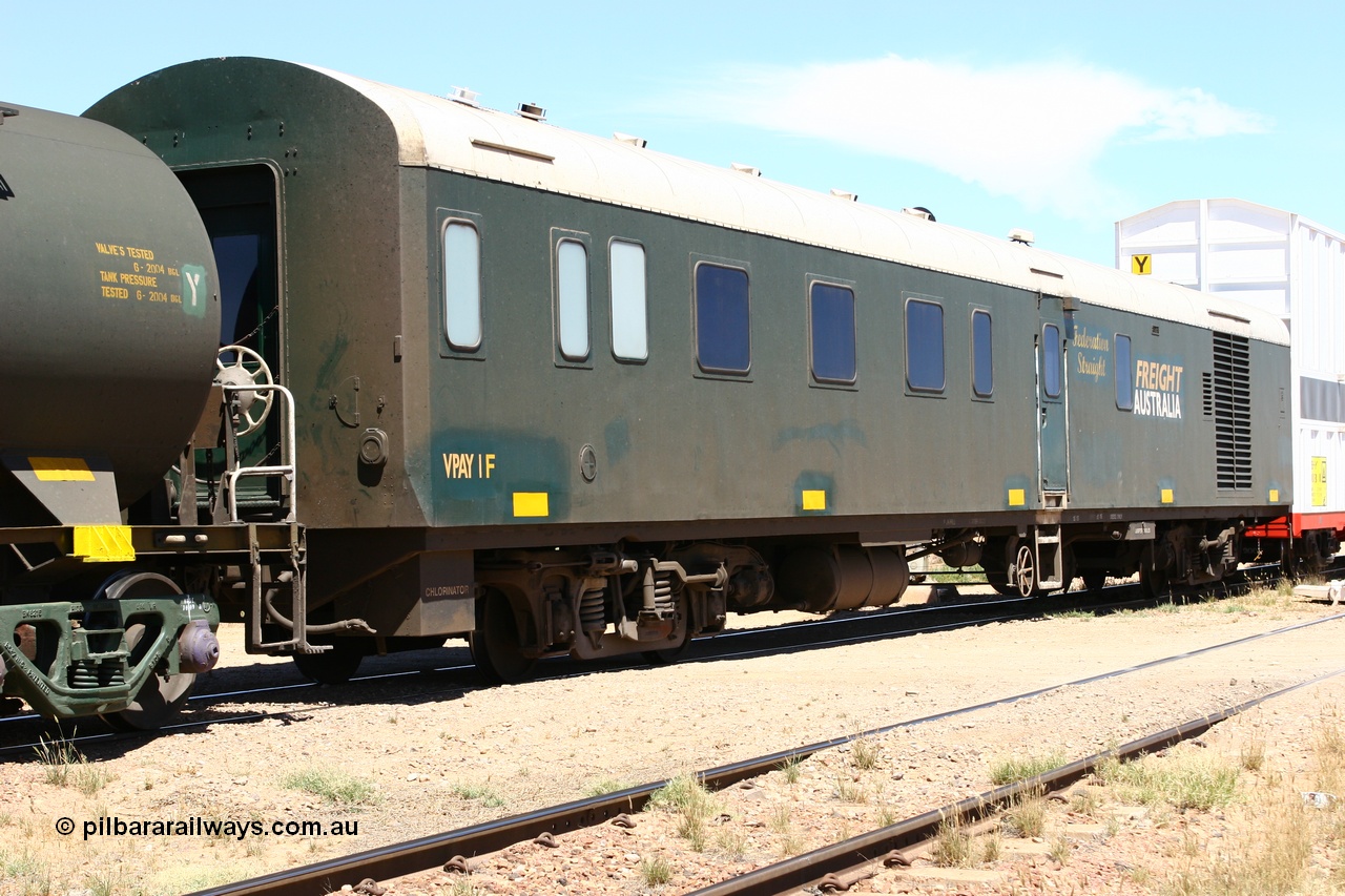 060107 1878
Spencer Junction, SCT VPAY type crew accommodation car VPAY 1 'Federation Straight' on train 6MP9, built by Tulloch Ltd NSW in 1968 as a narrow gauge brake van with sleeping accommodation as NHRD type NHRD 78, converted to standard gauge in 1981 and coded HRD type HRD 360. Sold to WCR, then in October 2000 overhauled for crew car use and coded VPAY 1 on SCT services and owned by Freight Australia. Was later sold to Pacific National and subsequently scrapped 2016.
Keywords: VPAY-type;VPAY1;Tulloch-Ltd-NSW;NHRD-type;NHRD78;HRD-type;HRD360;AVDY-type;AVDP-type;