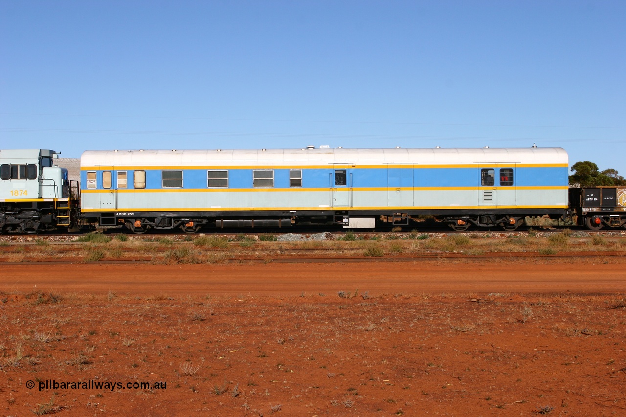 060528 4191
Parkeston, South Spur Rail AVDP type crew accommodation coach AVDP 277, built for the Commonwealth Railways by Comeng NSW as a brake van with sleeping accommodation as HRD type HRD 277 in 1971, modified for relay working in 1977, recoded to AVDY in 1983, then in 2002 leased for MurrayLander service before being sold to South Spur Rail and in this livery from mid 2005.
Keywords: AVDP-type;AVDP277;Comeng-NSW;HRD-type;HRD277;AVDY-type;