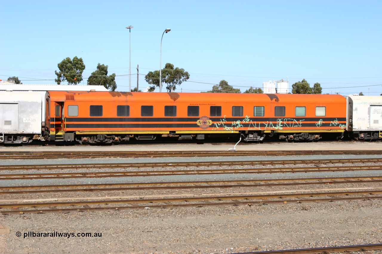 060528 4444
West Kalgoorlie, Australian Southern Railroad ECA type crew accommodation car ECA 98, originally built for the Commonwealth Railways by Wegmann & Co. in West Germany in 1955 as the ARF type first class air conditioned sleeper with rounded observation end ARF 98, rebuilt and recoded in 1972 without the observation end as BB type BB 98. Converted to a crew car in 1991.
Keywords: ECA-type;ECA98;Wegmann-&-Co-West-Germany;ARF-type;ARF98;BB-type;BB98;