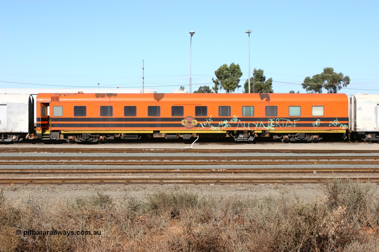 060528 4452
West Kalgoorlie, Australian Southern Railroad ECA type crew accommodation car ECA 98, originally built for the Commonwealth Railways by Wegmann & Co. in West Germany in 1955 as the ARF type first class air conditioned sleeper with rounded observation end ARF 98, rebuilt and recoded in 1972 without the observation end as BB type BB 98. Converted to a crew car in 1991.
Keywords: ECA-type;ECA98;Wegmann-&-Co-West-Germany;ARF-type;ARF98;BB-type;BB98;