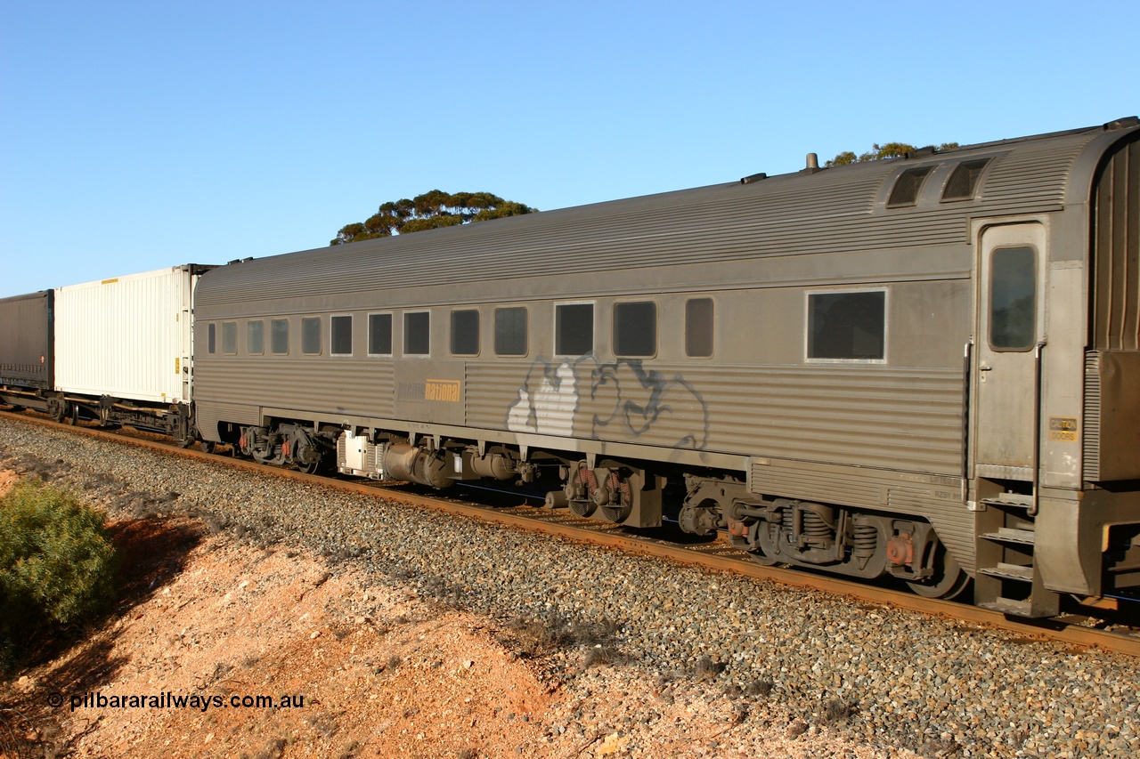 060528 4629
Binduli, Pacific National RZBY type crew accommodation car RZBY 911 on train 7SP5, built by Comeng NSW as ER type stainless steel air conditioned crew dormitory car ER 211 in 1969, renumbered to ER 911 in 1974, sold to National Rail and converted to crew car in 1997.
Keywords: RZBY-type;RZBY911;Comeng-NSW;ER-type;ER211;ER911;