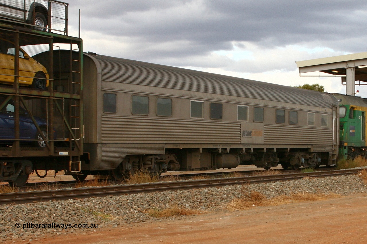 070526 9118
Parkeston, Pacific National RZAY type crew accommodation coach RZAY 944 on train 6PM6 originally built by Comeng NSW in 1969 as a stainless steel air conditioned first class roomette sleeping car, renumbered to 944 for Indian Pacific service, sold to National Rail Corporation in 1997 and converted to a crew coach.
Keywords: RZAY-type;RZAY944;Comeng-NSW;ARJ-type;ARJ244;ARJ944;