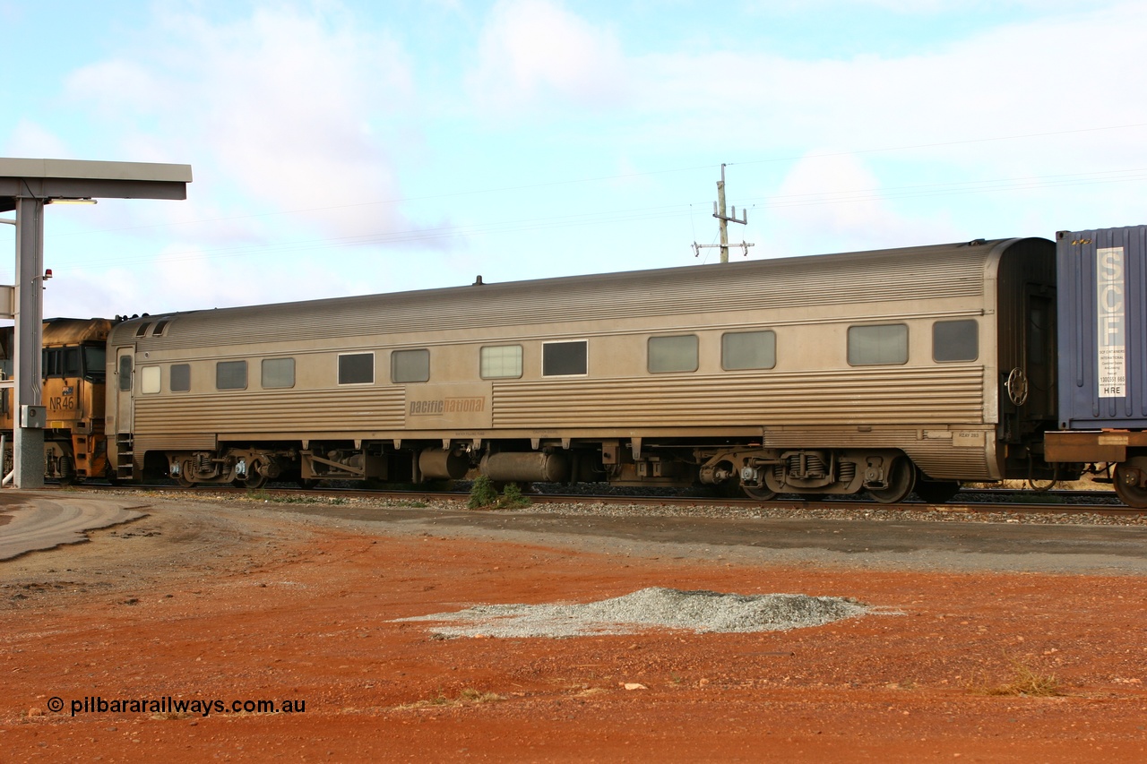 070528 9270
Parkeston, Pacific National RZAY type crew accommodation car RZAY 283 on train 4PM6 was built by Comeng NSW as an ARJ type stainless steel air conditioned first class roomette sleeping car ARJ 283 in 1972, sold to National Rail and converted to a crew car in 1997. Destroyed at the Golden Ridge derailment in January 2009.
Keywords: RZAY-type;RZAY283;Comeng-NSW;ARJ-type;ARJ283;
